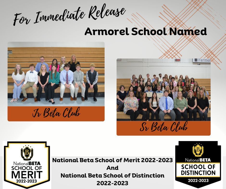 For Immediate Release: Armorel School Named National Beta School of Merit and National Beta School of Distinction 2022-2023